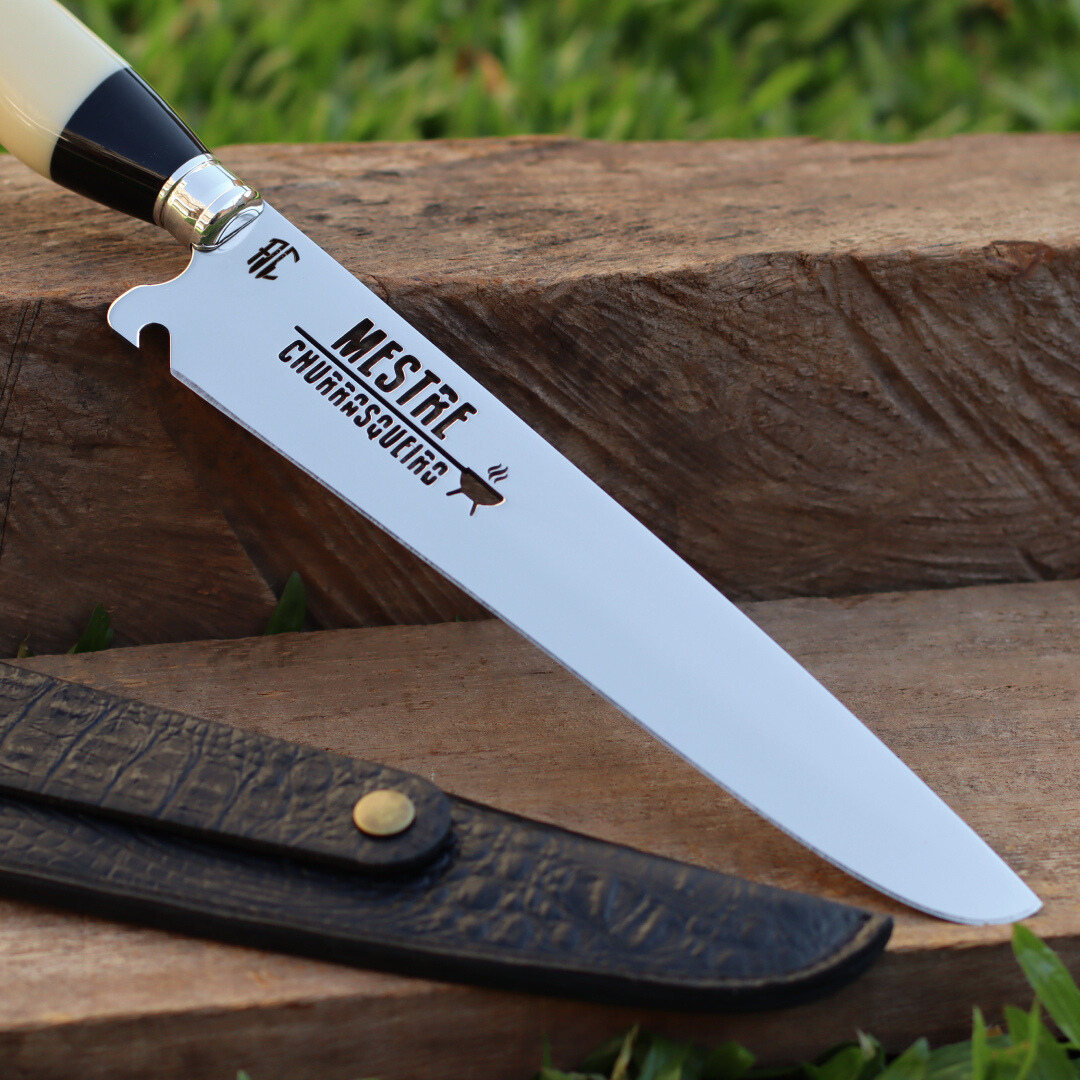 Faca Churrasco Artesanal Picanheira Mestre Churrasqueiro Preto e Branco | Aço Inox 10"