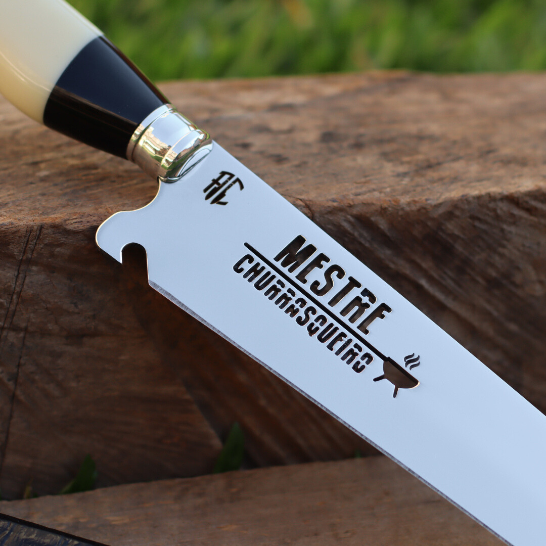 Faca Churrasco Artesanal Picanheira Mestre Churrasqueiro Preto e Branco | Aço Inox 10"