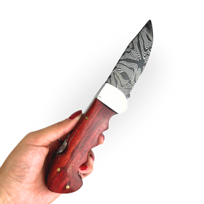 Canivete Damasco 4 Polegadas - Dorso Mosqueado - Cabo Madeira Selecionada com Trava