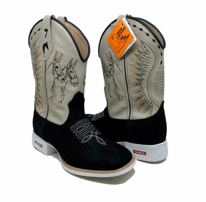 Texana Mulas - Couro Cano Napa Flay Bege | Couro Gáspea Látego Marrom | Bordado Preto (Cópia)