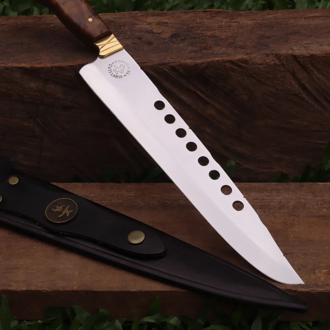Faca Churrasco Artesanal Personalizada Furada | Aço Inox 10"